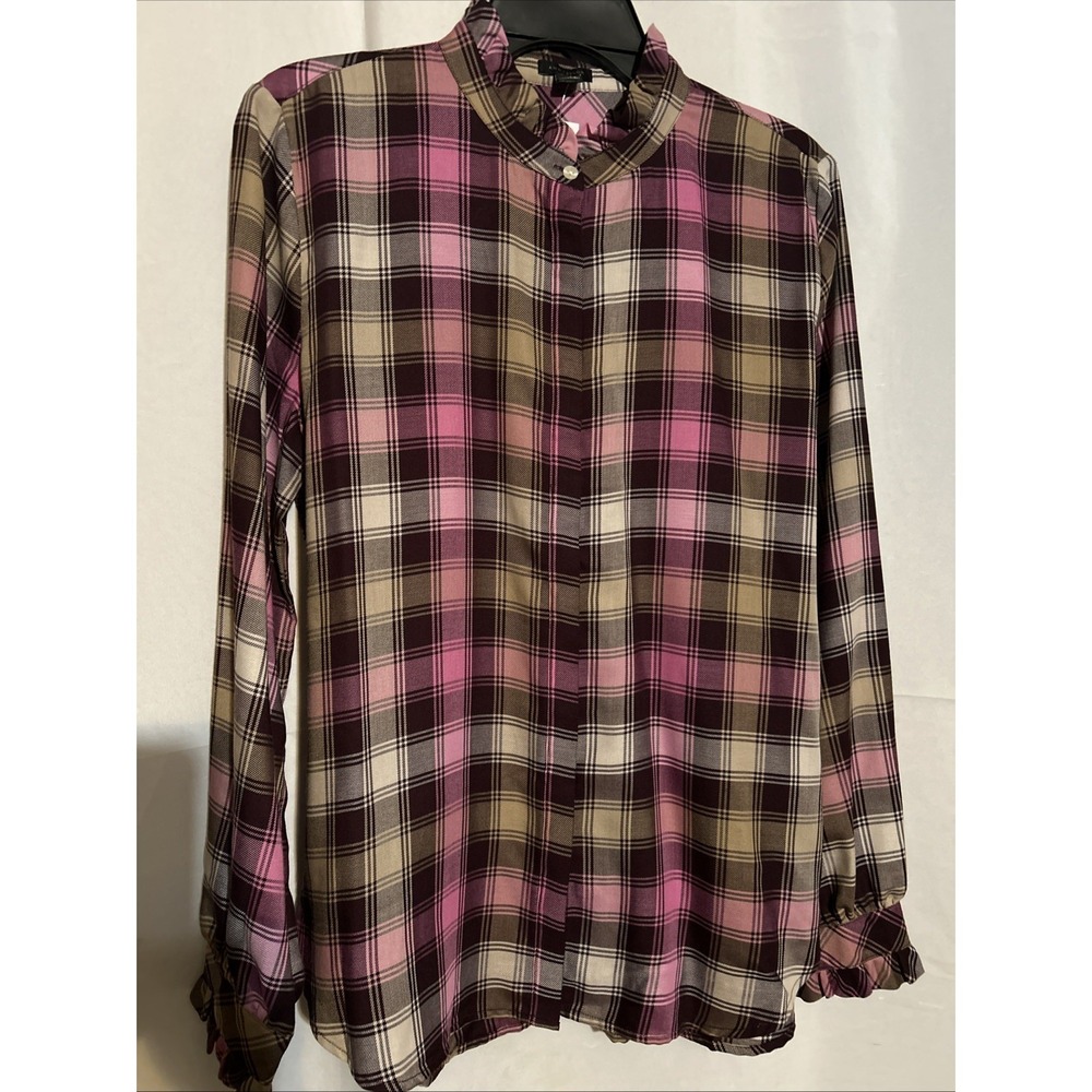 NWT Ann Taylor Women's Pink Plaid Dressy Button Up Blouse Long Sleeve Size M